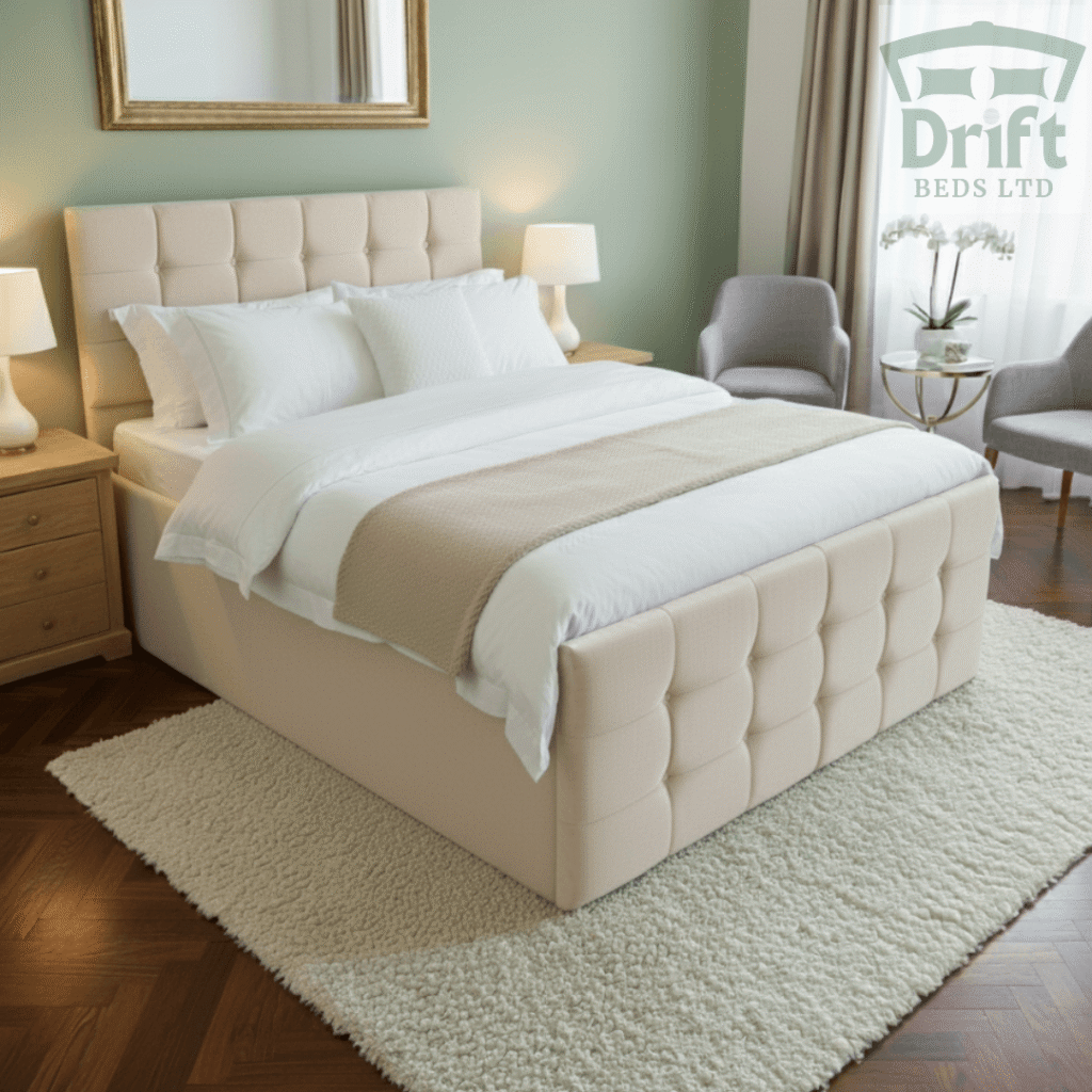 The Ottoman Raven Bed in Cream The luxurious Raven ottoman bed in a bright cream fabric, with its mattress lifted to display a deep and hidden storage compartment.