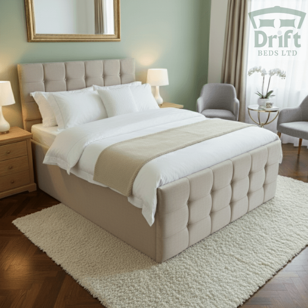 The elegant Raven ottoman bed in a warm mink fabric, with its base raised to display a generous and practical storage area.