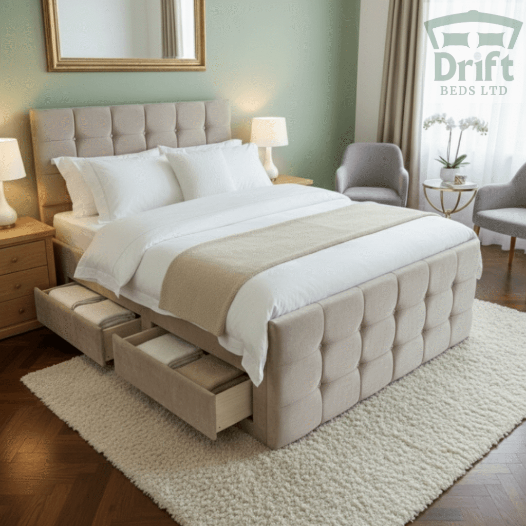 The Raven divan bed in Light Mink, featuring its signature square paneling and smoothly operating integrated storage drawers for convenient organization.