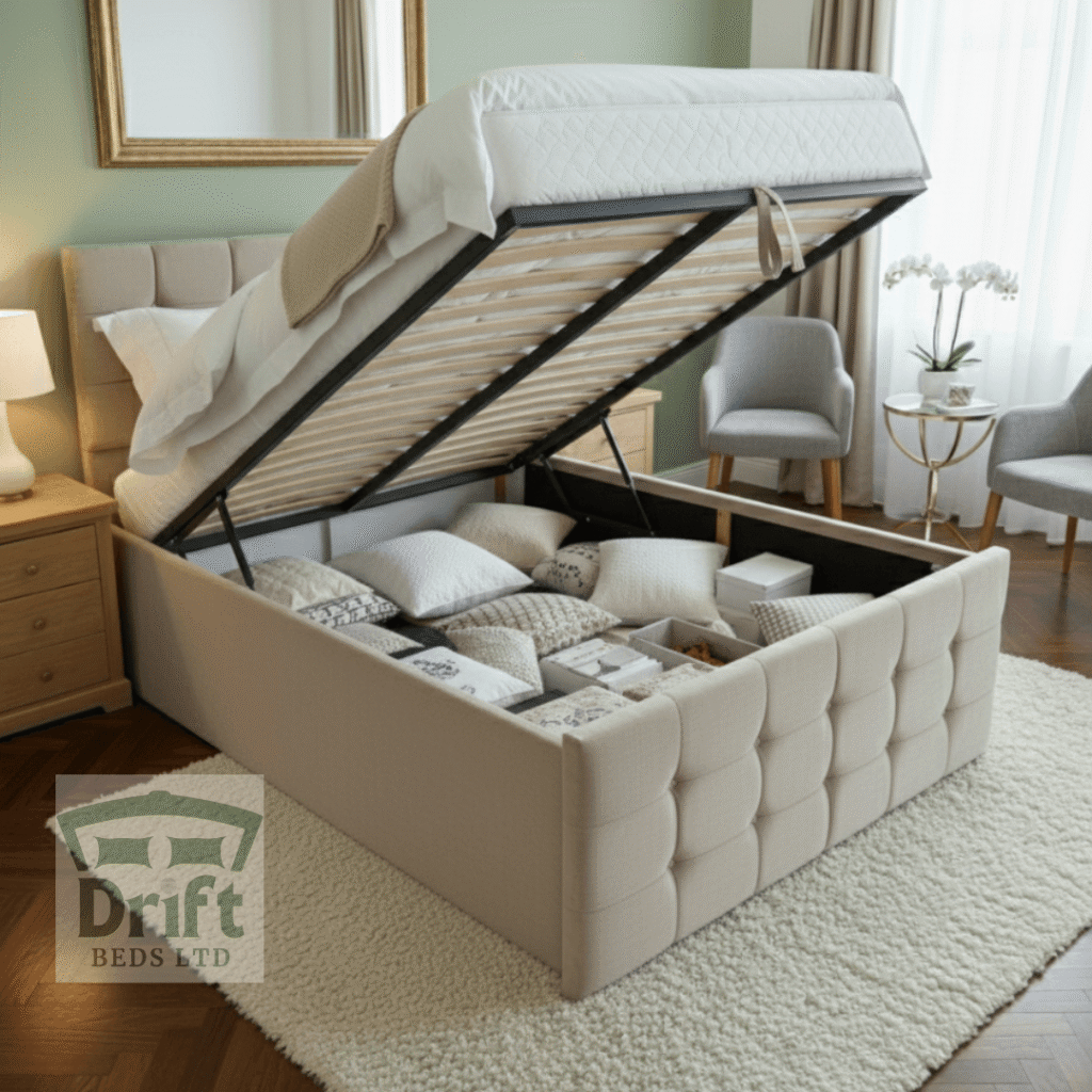 The Raven ottoman bed in Light Mink, with the mattress lifted by gas-lifts to reveal the large, accessible storage space, highlighting its unique square panel design.