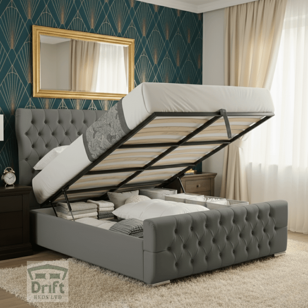 The magnificent Robin Wingback ottoman bed in charcoal grey velvet, with its mattress lifted to reveal a vast, hidden storage area perfect for a luxury home.