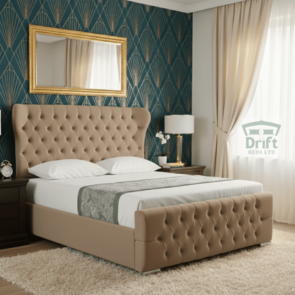 The elegant Robin Wingback ottoman bed in a warm mink fabric, with its base raised to display a generous storage area.