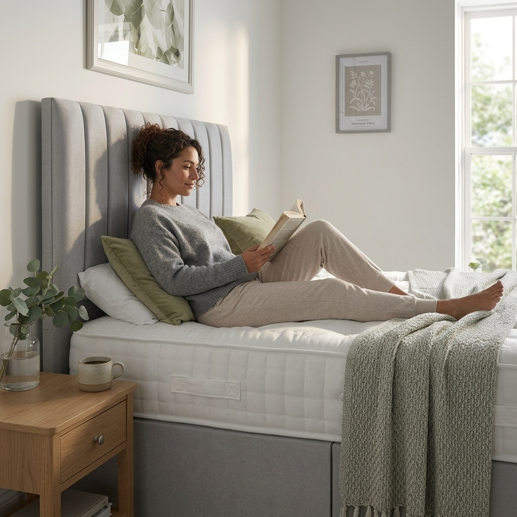 Woman relaxing on Drift Beds upholstered bed – About Us