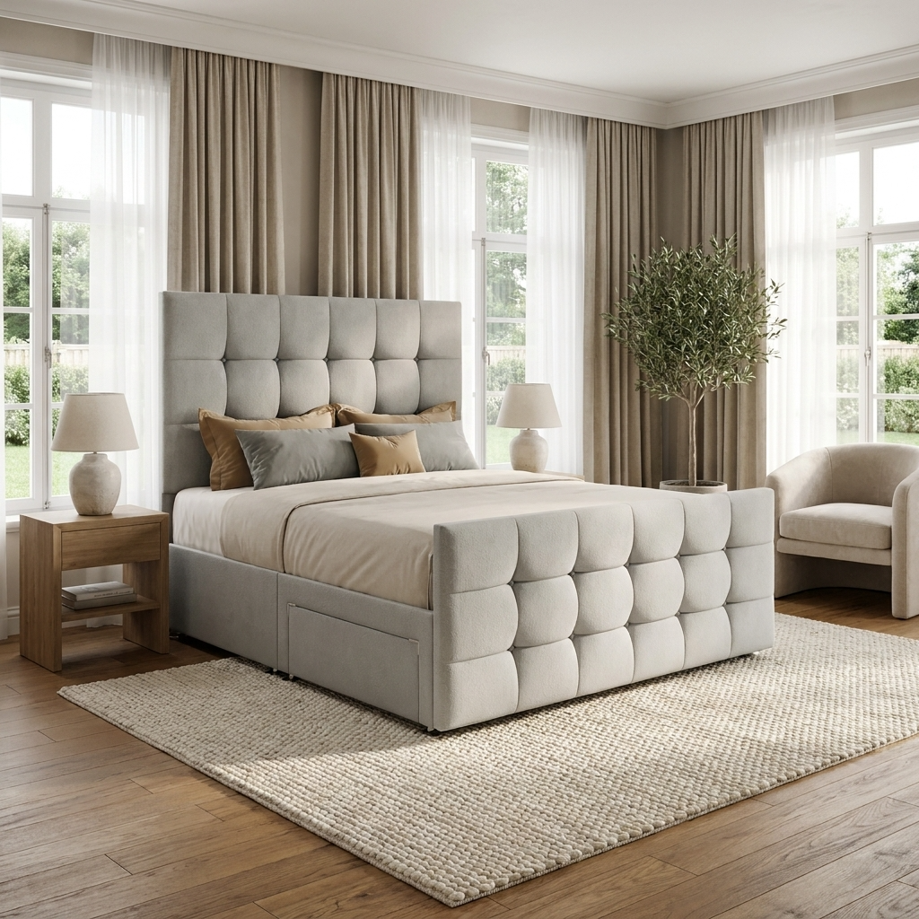 Cube bed with deep-panel tufted headboard – Drift Beds