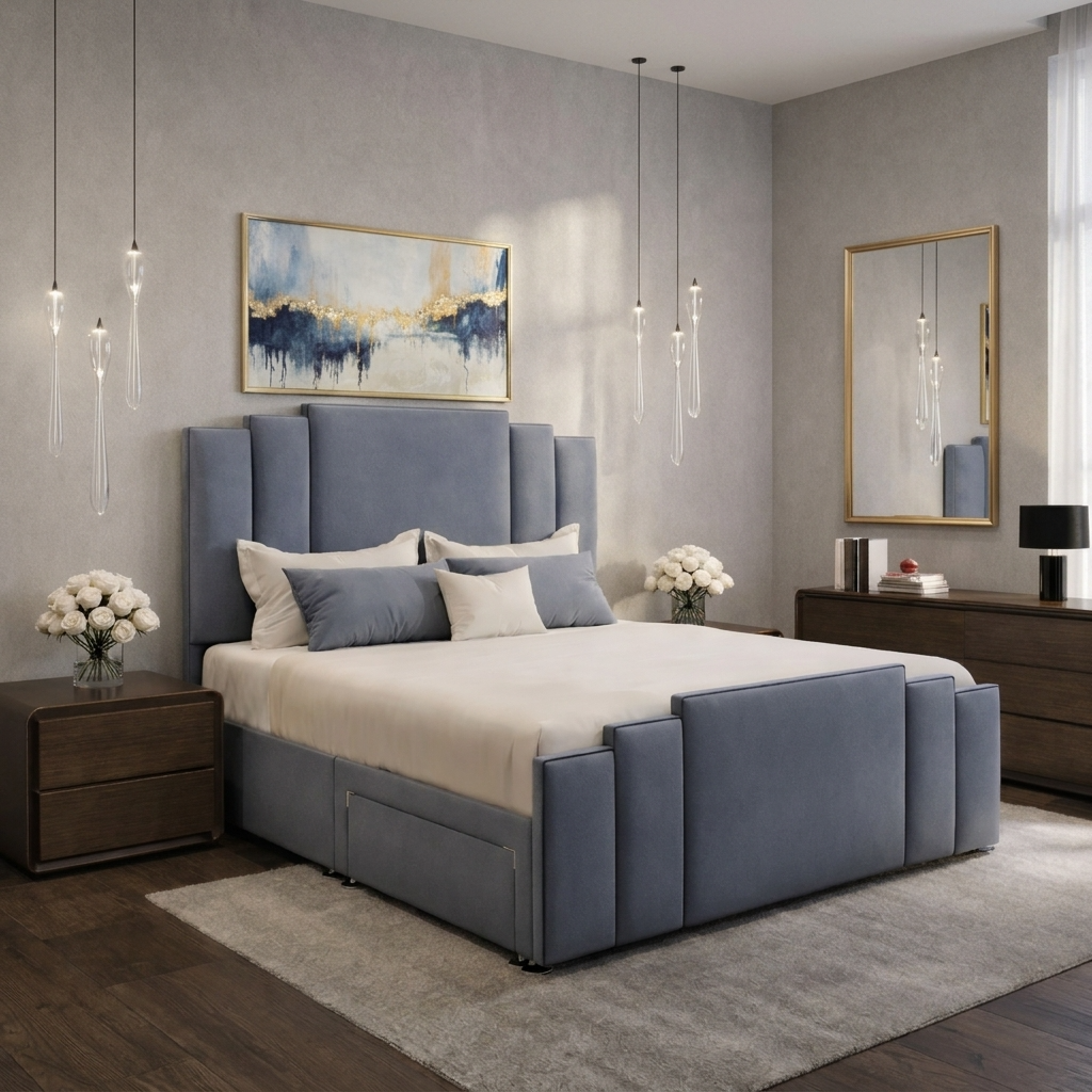Dakota bed with bold stepped headboard design – Drift Beds